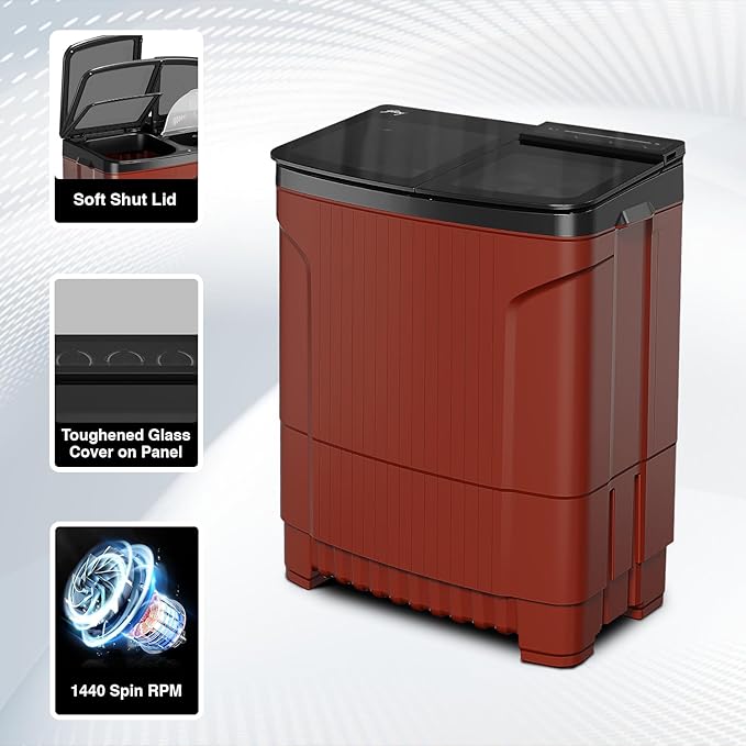 Godrej 8 Kg 5 Star With 460 PowerMax Wash Motor Semi-Automatic Top Load Boderless Design Washing Machine Appliance (WSEDGE ULT 80 5.0 DB2M CSRD, Crystal Red, With Toughened Glass Lid)-ItsBen LifeStyle