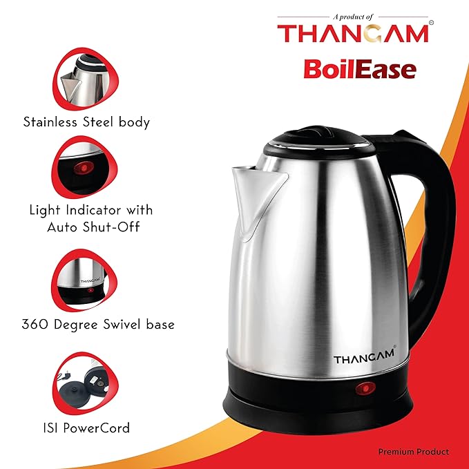 Thangam Electric Stainless Steel Kettle 1.8 Litre | 230V - 1500W | for Boiling Water, Stainless Steel, Single Touch Lid Locking (1.8 Litre)-ItsBen LifeStyle