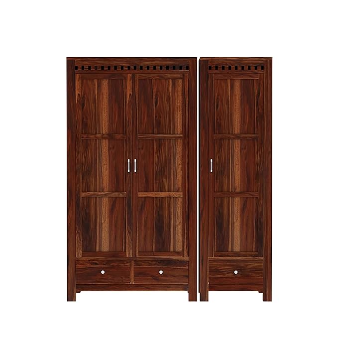 WOODLAB Furniture Sheesham Wood 3 Door Wardrobe Storage with 3 Drawers Wooden Multipurpose Almirah for Home Living Room - Natural Finish