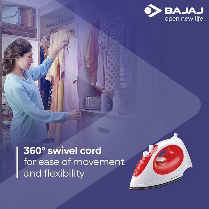 Bajaj MX-15 1200W Steam Iron with Steam Burst, Vertical and Horizontal Ironing, Non-Stick Coated Soleplate, White and Red-ItsBen LifeStyle