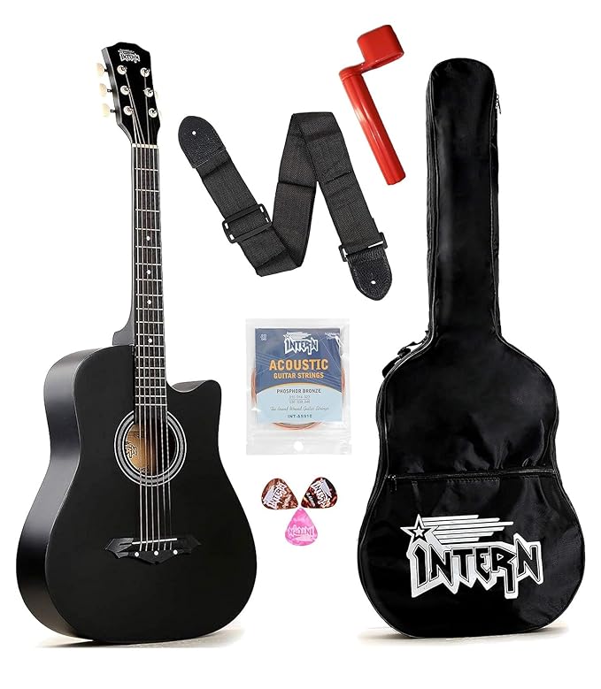 Intern INT-38C Right hand Acoustic Guitar Kit, With Bag, Strings, Pick And Strap, Black, small