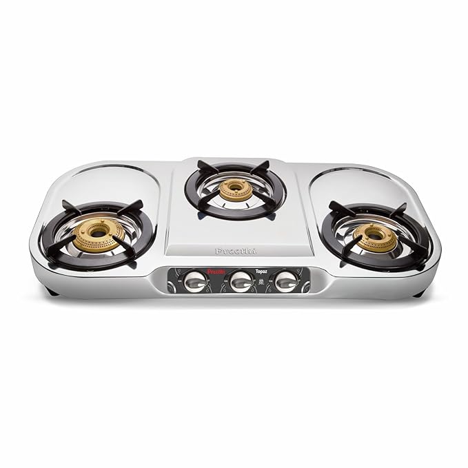 Preethi Topaz Stainless Steel 3 Burner Gas Stove, Manual Ignition, Silver-ItsBen LifeStyle