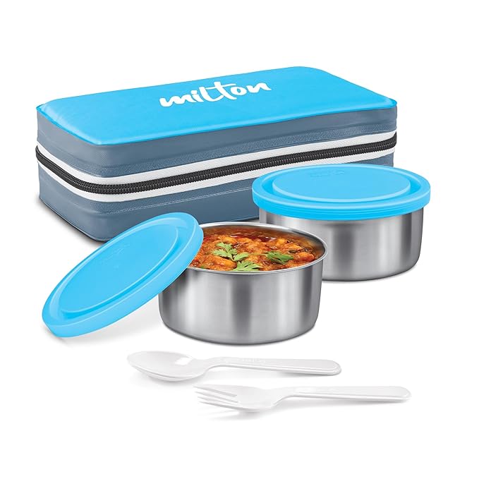 MILTON New Mini Stainless Steel Lunch Box, 2 Round Containers, 280 ml Each with Spoon & Fork