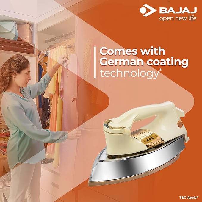 Bajaj DHX-9 1000W Heavy Weight Dry Iron with Advance Soleplate and Anti-Bacterial German Coating Technology, Ivory-ItsBen LifeStyle