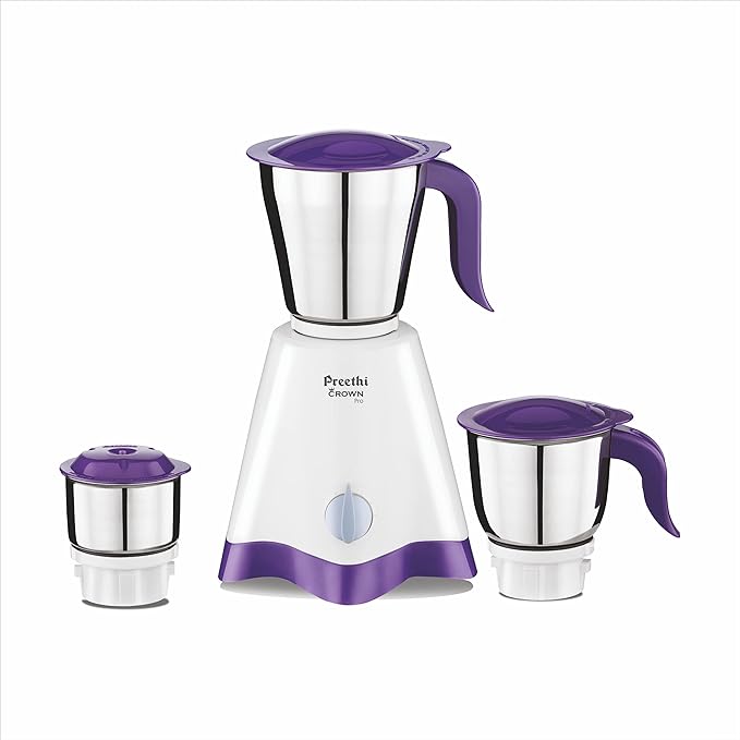 Preethi Crown Pro Mixer Grinder 600 Watt with 3 Jars, 5 Year Warranty (White/Purple)