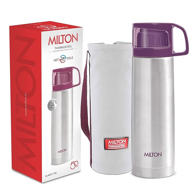 Milton Glassy 750 Thermosteel Vacuum Insulated Flask with Jacket 750 ml | 24 Hours Hot and Cold Water Bottle with Cup lid | Double Walled Bottle for Home, Office, Travel