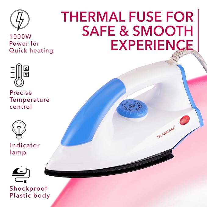 Thangam Automatic Electric Dry Iron 1000W | 2 years Warranty | Non-Stick Coated Sole Plate Fast Heating Iron Box | Double Coated Soleplate | Suitable for all Clothing-ItsBen LifeStyle