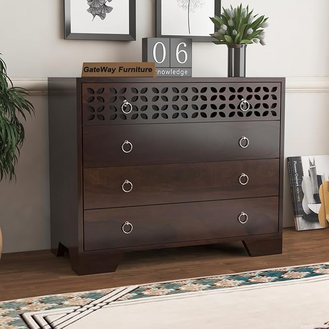 GateWay Furniture Solid Sheesham Wood Wooden Chest of Drawers with 4-Drawer Storage (Asher, Walnut Finish)