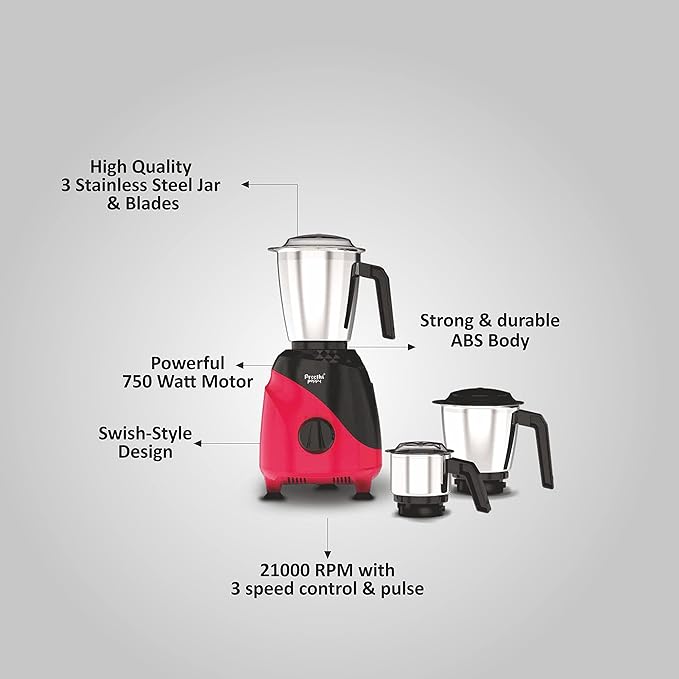 Preethi Peppy MG-245 mixer grinder, 750 watt, Black & Red, 3 jars, Vega W5 Motor with 5yr Warranty & Lifelong Free Service-ItsBen LifeStyle