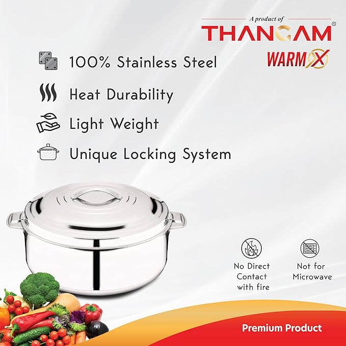 Thangam Stainless Steel Double Walled Hot Pot with Steel Lid Twist Lock- 1500ml | Silver | for Hot Dishes, Rice, Gravy, Hot Box (1.5 Litre)-ItsBen LifeStyle