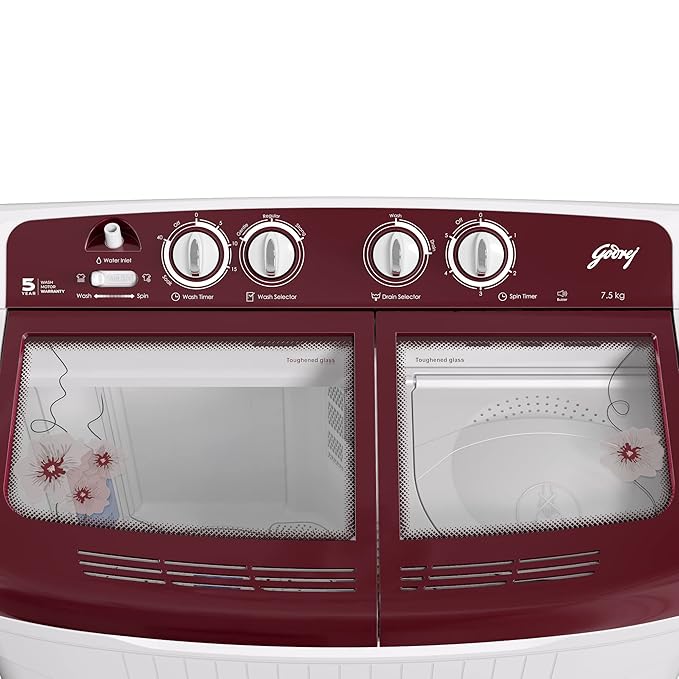 Godrej Edge 7.5 Kg 5 star Semi-Automatic Top Loading Washing Machine Appliance (WS EDGE 75 5.0 TB3 M WNRD, Wine Red, Toughened glass lids)-ItsBen LifeStyle