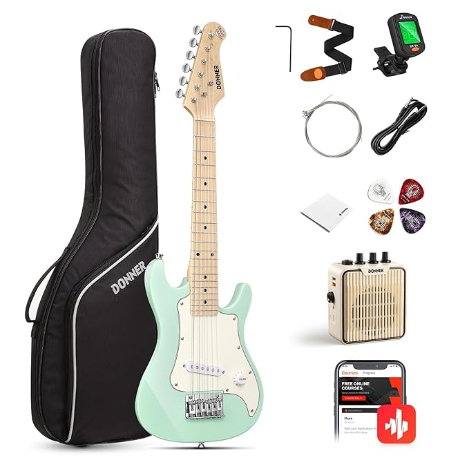 Donner Electric Guitar Set Beginner Junior Kit ST Style 30 Inch Mini Guitar Premium Bundle with Amplifier, Tuner, Capo, Bag, Strap, String, Cable (DSJ-100, Mint Green)