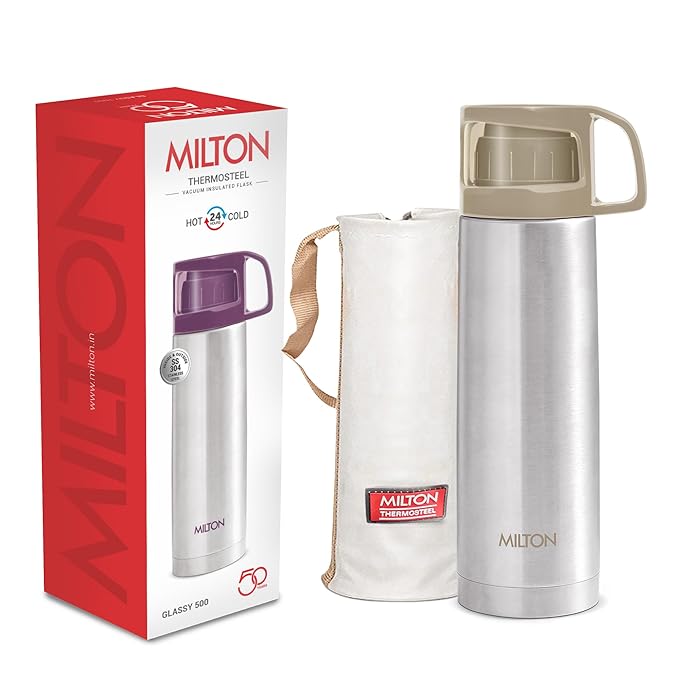 Milton Glassy 500 Thermosteel Vacuum Insulated Flask with Jacket 500 ml| 24 Hours Hot and Cold Water Bottle with Cup lid | Double Walled Bottle for Home, Office, Travel