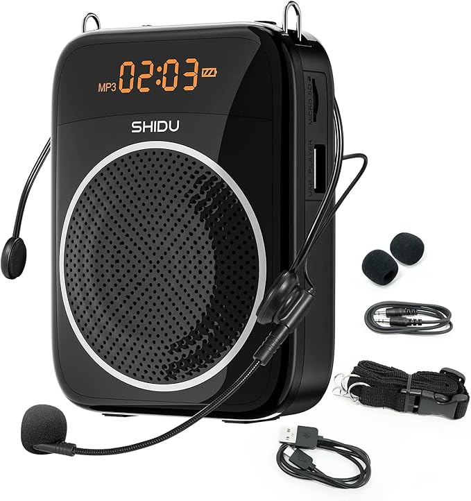 SHIDU S298 Portable Voice Amplifier for Teacher with Microphone Headset, 2000 mAh Personal Speaker, Rechargeable Support MP3 LED Screen for Teachers, Tour Guide, Coaches, Classroom (Black)