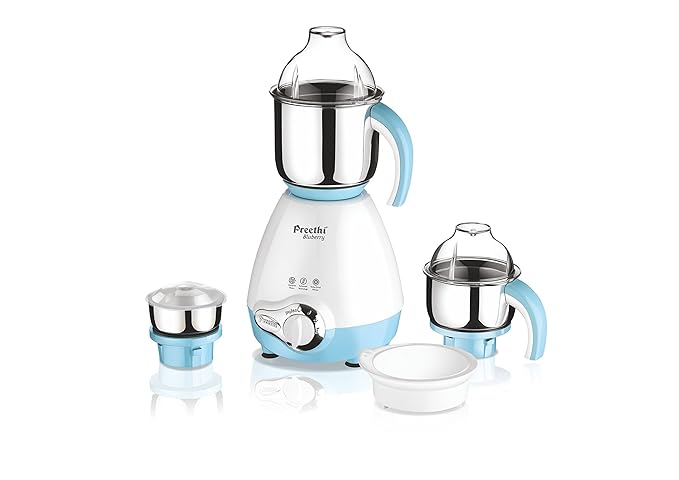 Preethi Blueberry mixer grinder 750 watt, 3 jars with 1 Storage Air-Tight Container (White/Sky Blue)