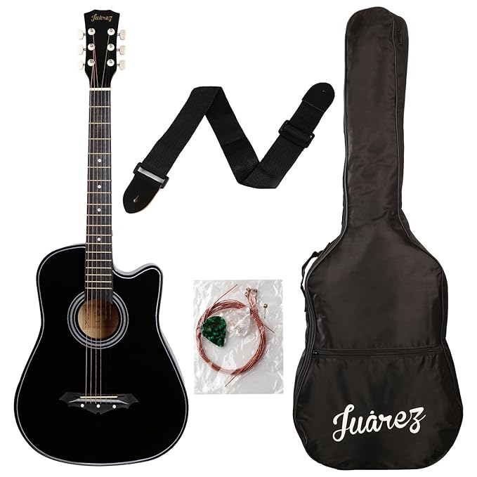 Juârez Acoustic Guitar Kit, 38 Inch Cutaway, 038C with Bag, Strings, Pick and Strap, Black