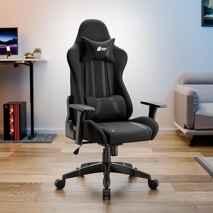 Green Soul® Beast Racing Edition Ergonomic Gaming Chair with Premium Fabric & PU Leather, Adjustable Neck & Lumbar Pillow, 3D Adjustable Armrests & Strong Nylon Base (Full Black)