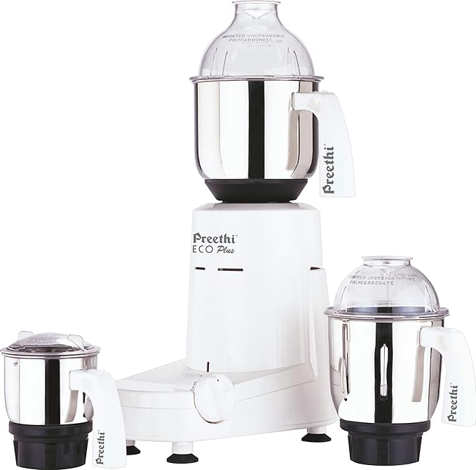 Preethi Eco Plus MG-138 110V, 550 Watt Mixer Grinder with 3 Jars (0.4L Chutney grinding Jar + 1.0L dry grinding Jar + 1.5L Wet grinding Jar, Stainless Steel) with 5 Yrs Motor warranty, White