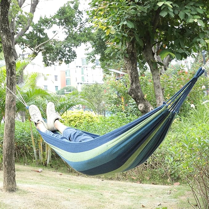 Kuber Industries Canvas Travel Hammock |Garden Hammock Swing for Adults|160 KG Load Bearing Capicity|Including 2 Rope, 1 Bag (Blue & Green)