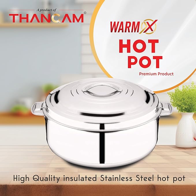 Thangam Stainless Steel Double Walled Hot Pot with Steel Lid Twist Lock- 1500ml | Silver | for Hot Dishes, Rice, Gravy, Hot Box (1.5 Litre)-ItsBen LifeStyle