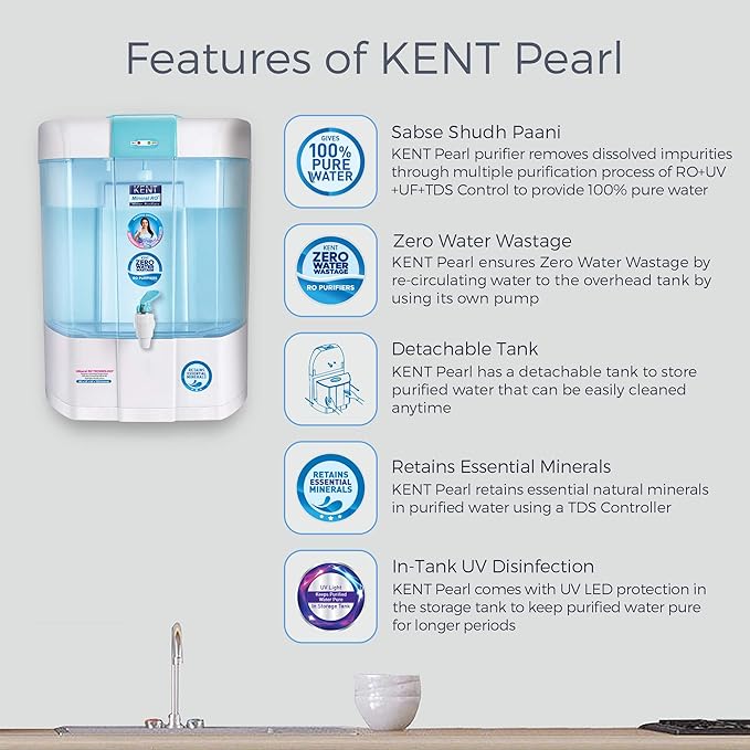 KENT PEARL ZWW MINERAL RO-11098 RO+UV+UF+TDS CONTROLLER (BLUE&WHITE) 20 LTR /HR 8 L RO + UV + UF + TDS Water Purifier  (BLUE AND WHITE)-ItsBen LifeStyle