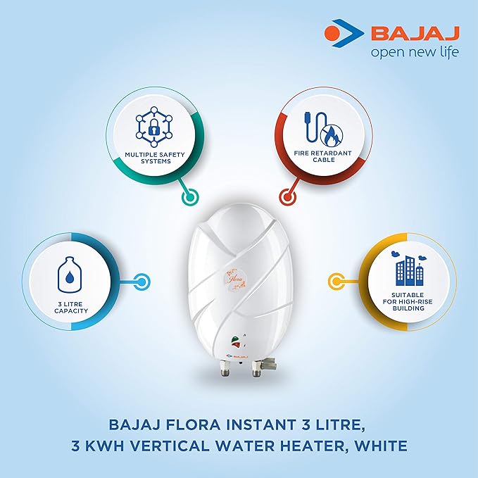 Bajaj Flora Instant 3 Litre Vertical Water Heater, 3KW, White wall mounting-ItsBen LifeStyle