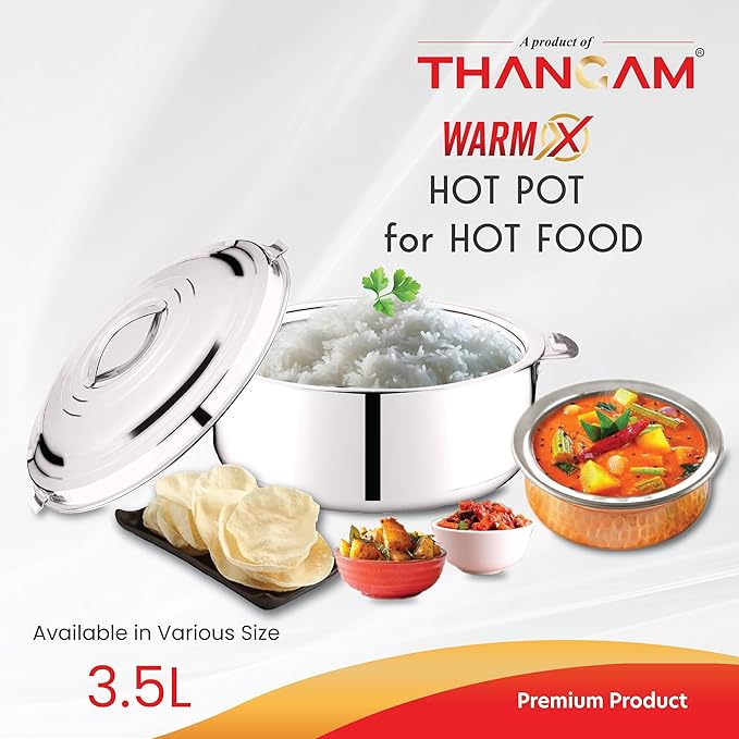 Thangam Stainless Steel Double Walled Hot Pot with Steel Lid Twist Lock- 3500ml | Silver | for Hot Dishes, Rice, Gravy, Hot Box (3.5 Litre)-ItsBen LifeStyle