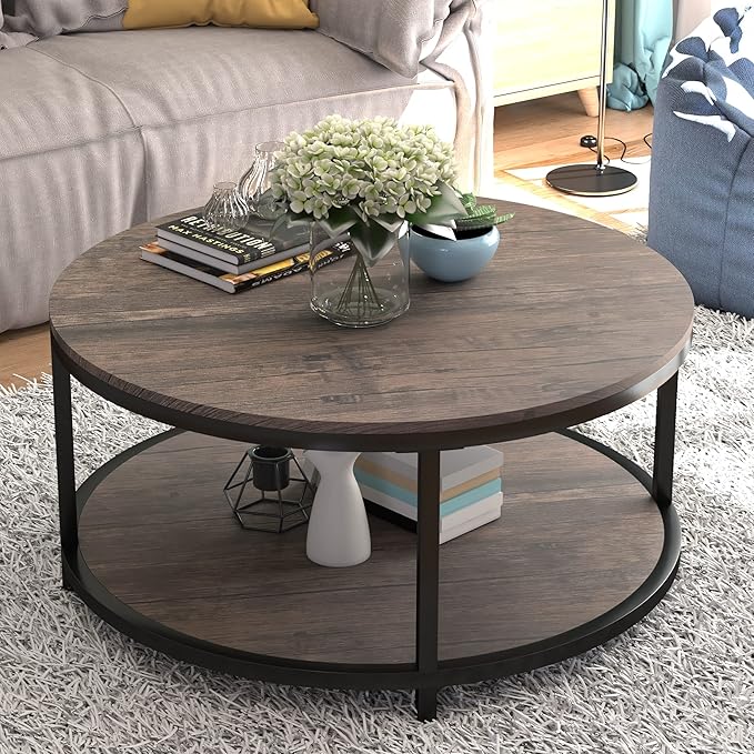 NSdirect 36" Wood Round Coffee Table, Industrial Wood Top & Sturdy Metal Legs For Living Room Modern Design Home Furniture With Storage Open Shelf (Light Walunt)