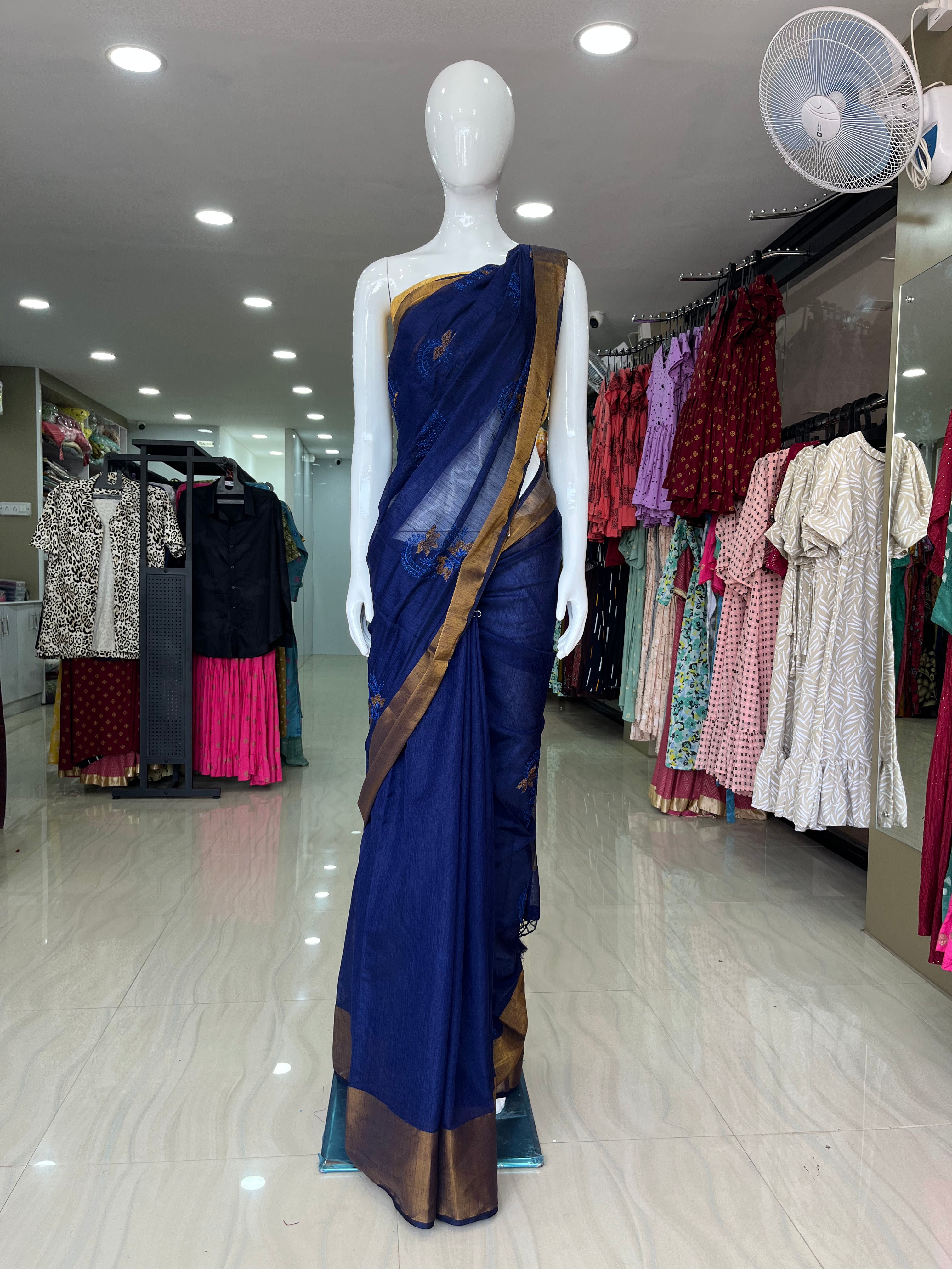 Blue & Gold-Toned Cotton Silk Saree with mild Embroidery Work-ItsBen LifeStyle