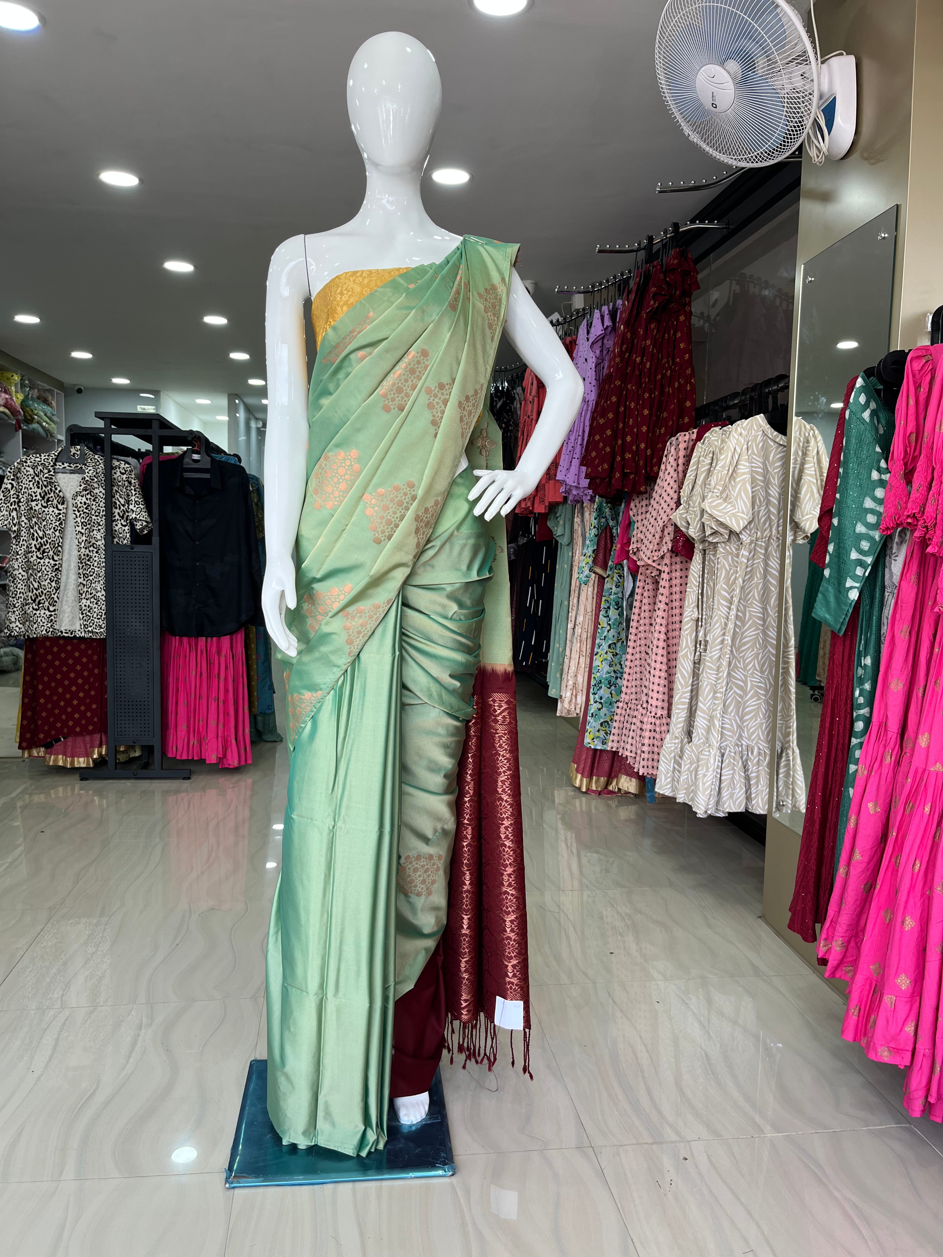 Pista Green with Maroon Color Cotton Soft Silk Saree with Zari Weaving Work-ItsBen LifeStyle