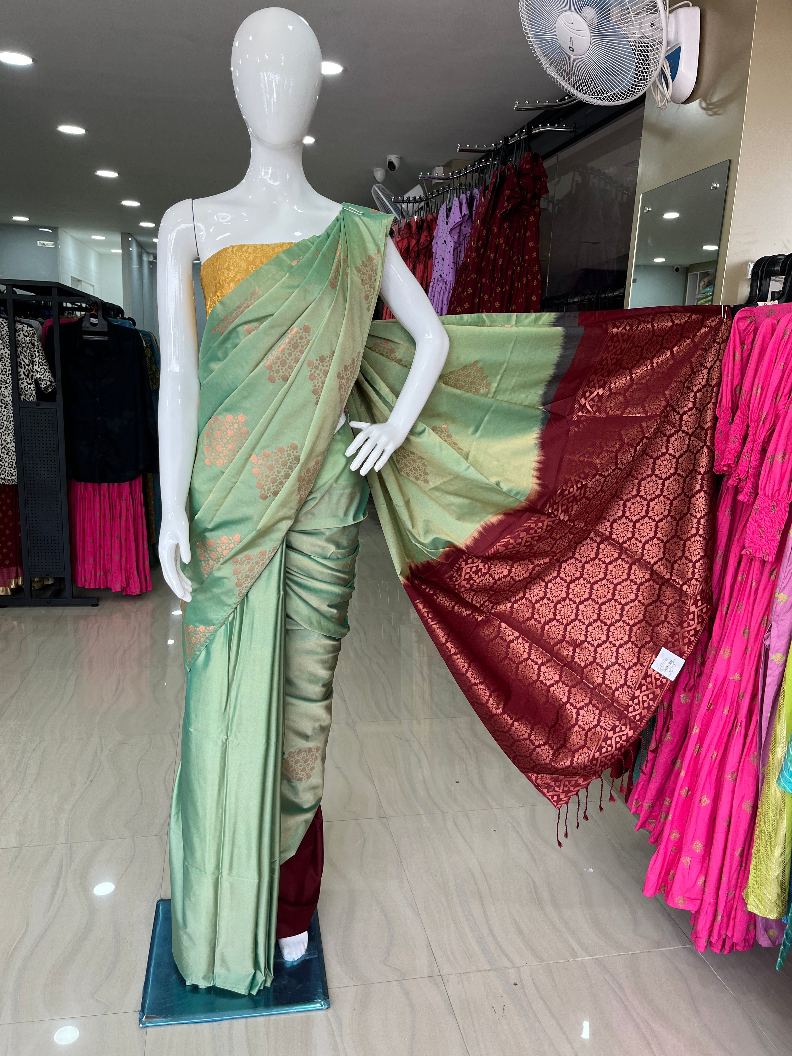 Pista Green with Maroon Color Cotton Soft Silk Saree with Zari Weaving Work-ItsBen LifeStyle