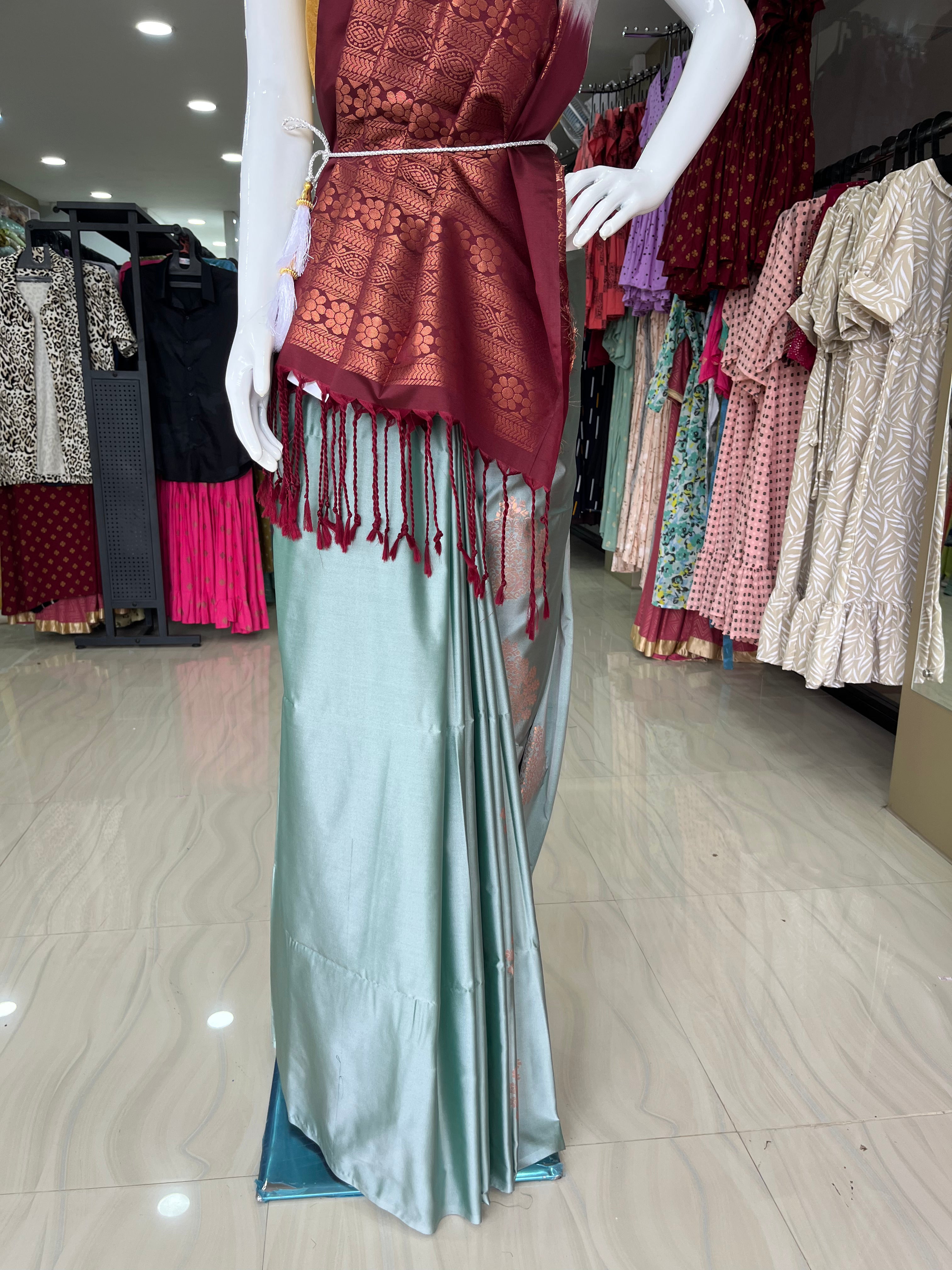 Pastel Green with Maroon Color Cotton Soft Silk Saree with Zari Weaving Work-ItsBen LifeStyle