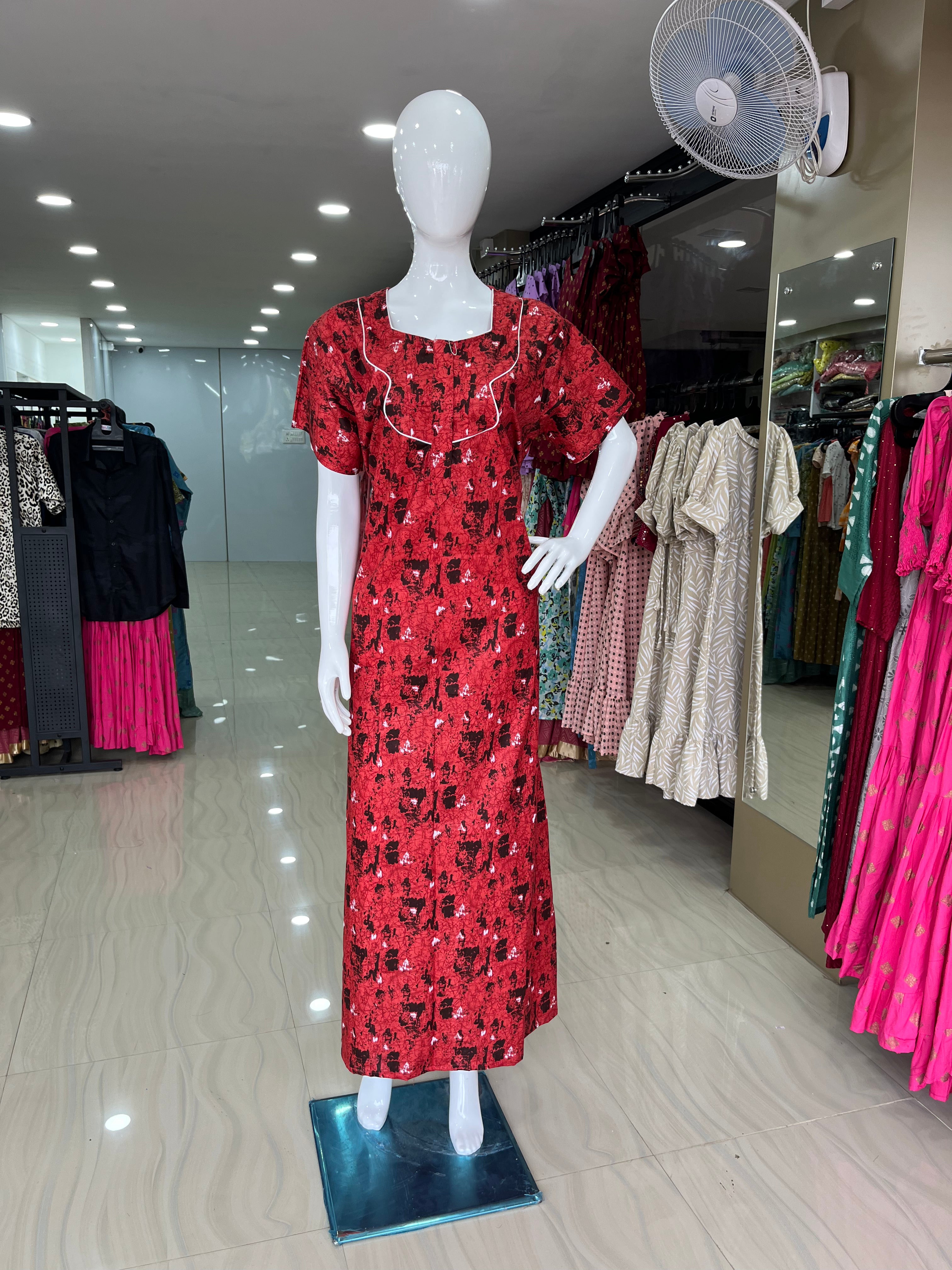 Red and Black Cotton Printed Maxi Nightdress-ItsBen LifeStyle