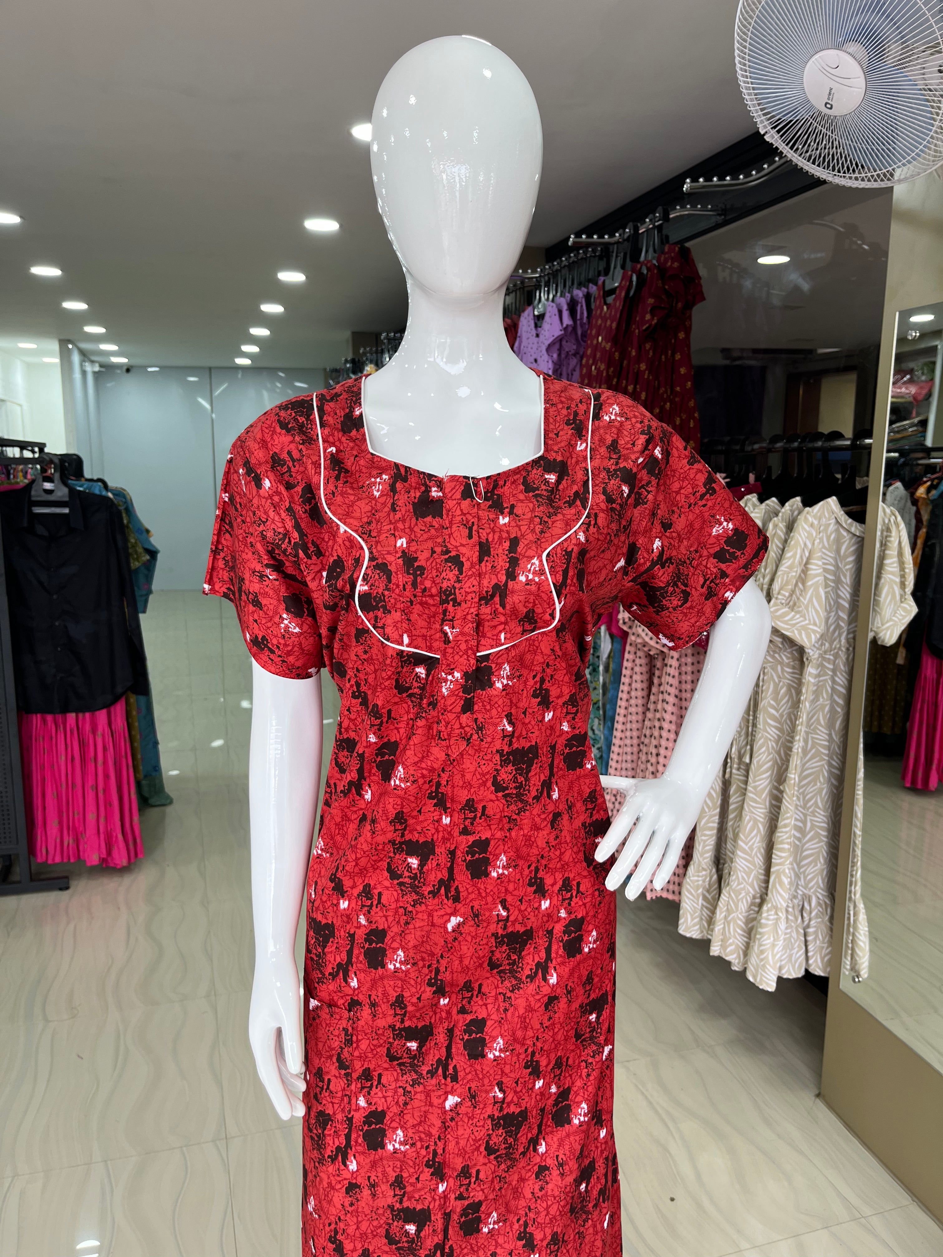 Red and Black Cotton Printed Maxi Nightdress-ItsBen LifeStyle