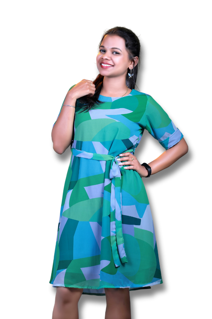Multi-Color Georgette Fit and Flare Dress with Belt-ItsBen LifeStyle