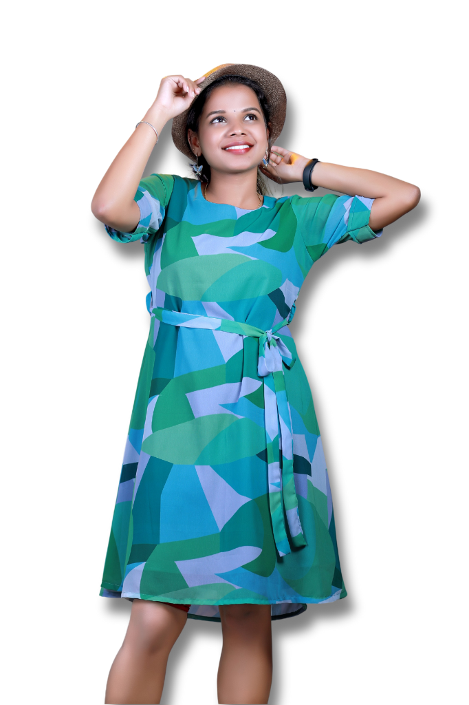 Multi-Color Georgette Fit and Flare Dress with Belt-ItsBen LifeStyle
