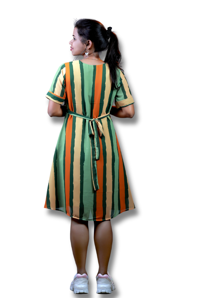 Multi-Color Stripe Georgette Fit and Flare Dress with  Belt-ItsBen LifeStyle