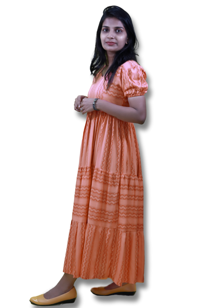 Salmon Pink Rayon Ethnic Print Tiered Maxi Dress-ItsBen LifeStyle