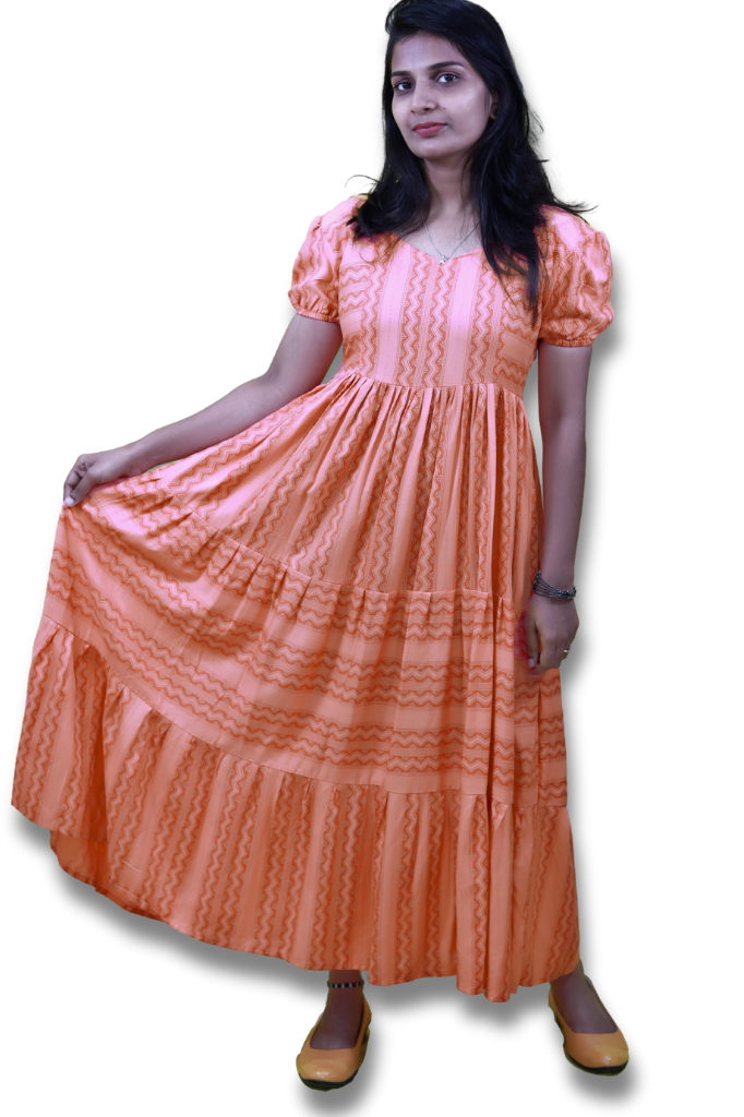 Salmon Pink Rayon Ethnic Print Tiered Maxi Dress-ItsBen LifeStyle