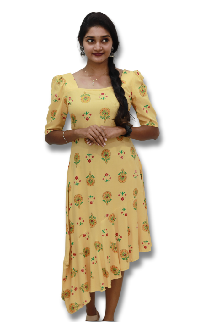 Yellow Floral Print Asymmetric Hem A-Line Dress With Gathered Detail-ItsBen LifeStyle