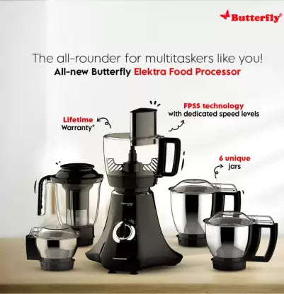 Butterfly Elektra 750 Watts Food Processor with 6 Jars & 9 Attachments | FPSS Technology (Food Processor Selective Speed) LED Indicator | Smart Grind & Store Jar | 7 Years Warranty for Motor | Black-ItsBen LifeStyle